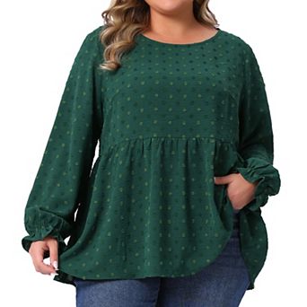 Plus Size Tops for Women Babydoll Round Neck Long Sleeve Tiered Swiss Dots Blouses