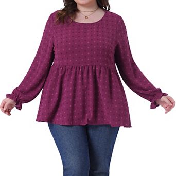 Plus Size Tops for Women Babydoll Round Neck Long Sleeve Tiered Swiss Dots Blouses