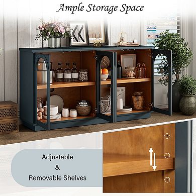 Merax 4-Door Large Storage Buffet Cabinet with Glass Doors, Arched Cabinet with Adjustable Shelves