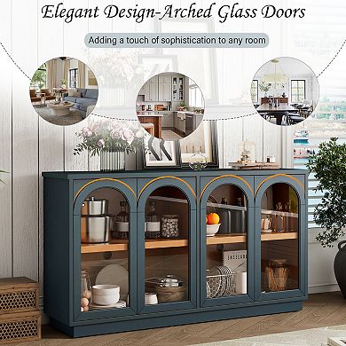Merax 4-Door Large Storage Buffet Cabinet with Glass Doors, Arched Cabinet with Adjustable Shelves