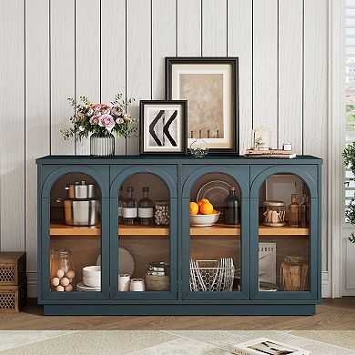 Merax 4-Door Large Storage Buffet Cabinet with Glass Doors, Arched Cabinet with Adjustable Shelves