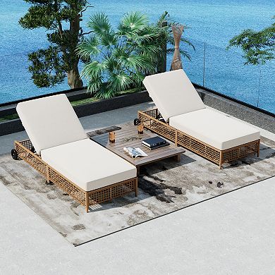 Merax Set of 2 Rattan Outdoor Lounge Chairs with 5-Position Adjustable Backrest, Cushions & Wheels