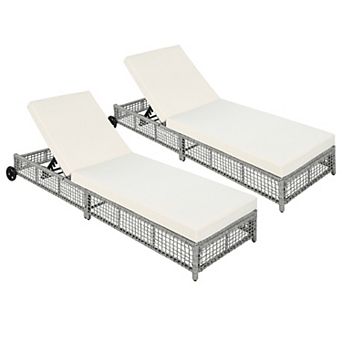 Merax Set of 2 Rattan Outdoor Lounge Chairs with 5-Position Adjustable Backrest, Cushions & Wheels