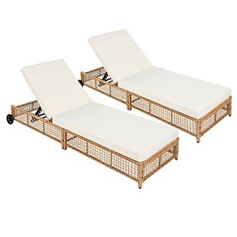 Merax Set of 2 Rattan Outdoor Lounge Chairs with 5-Position Adjustable Backrest, Cushions & Wheels
