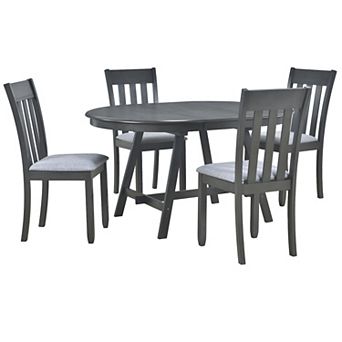 Merax 5 pc Wood Dining Table Set Round Extendable Dining Table with 4 Dining Chairs