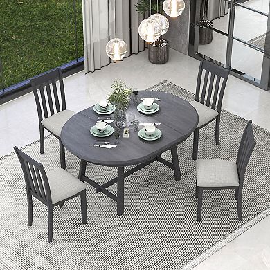 Merax 5-Piece Wood Dining Table Set Round Extendable Dining Table with 4 Dining Chairs