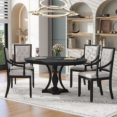 Merax Retro 5-piece Dining Set Extendable Round Table and 4 Chairs for Kitchen Dining Room