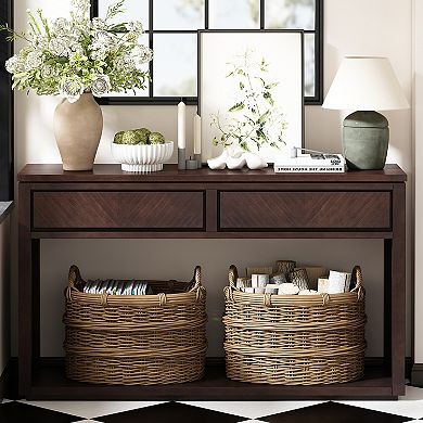 Merax 55" Console Table, Rustic Wooden Entryway Table with Storage Drawers and Open Shelf