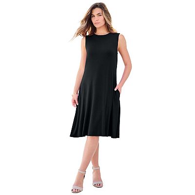 Roaman's Women's Plus Size Stretch Knit Two-Pocket Swing Tank Dress, Size: 26/28, Black