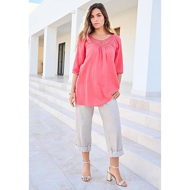Roaman's Women's Plus Size Lace Trim Popover Blouse