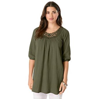 Roaman's Women's Plus Size Lace Trim Popover Blouse