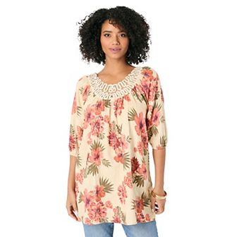 Roaman's Women's Plus Size Lace Trim Popover Blouse
