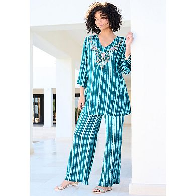 Roaman's Women's Plus Size Hand Crinkled Embellished Tunic