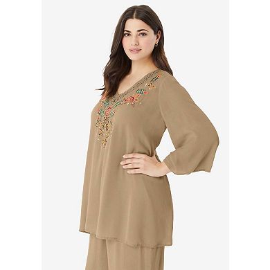Roaman's Women's Plus Size Hand Crinkled Embellished Tunic