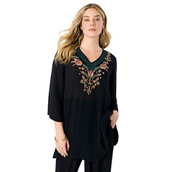 Roaman's Women's Plus Size Hand Crinkled Embellished Tunic
