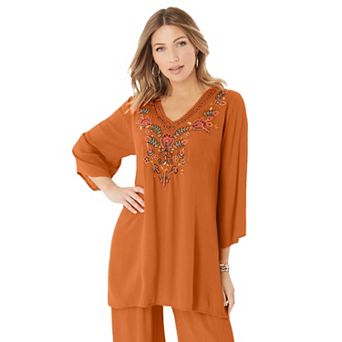 Roaman's Women's Plus Size Hand Crinkled Embellished Tunic