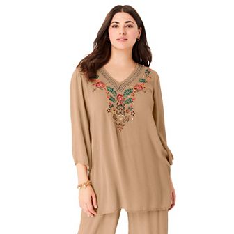 Roaman's Women's Plus Size Hand Crinkled Embellished Tunic