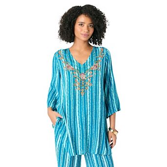 Roaman's Women's Plus Size Hand Crinkled Embellished Tunic