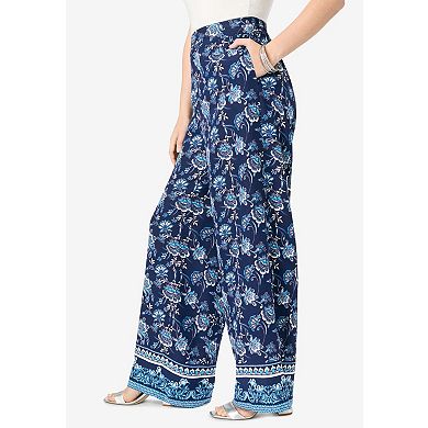 Roaman's Women's Plus Size Printed Wide Leg Pant