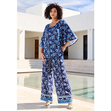 Roaman's Women's Plus Size Printed Wide Leg Pant