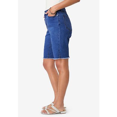 Roaman's Women's Plus Size Frayed Hem Bermuda Jean Shorts