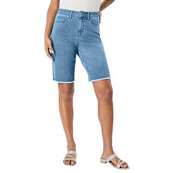 Roaman's Women's Plus Size Frayed Hem Bermuda Jean Shorts