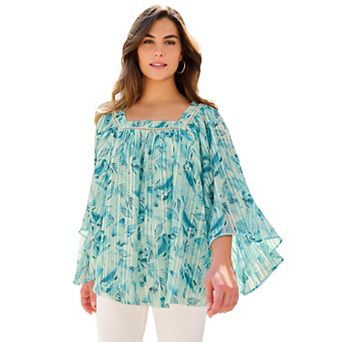 Roaman's Women's Plus Size Square Neck Lurex Blouse