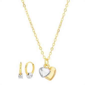 petit cheris Kids 14K Gold Fine Silver Plated Two Tone Heart Necklace & Huggie Earring Set