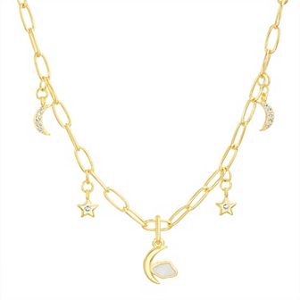 petit cheris Kids 14K Gold Plated Cubic Zirconia Moon & Star Charm Necklace
