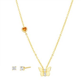 petit cheris Kids 14K Gold Plated Red Cubic Zirconia Necklace and Stud Earring Set