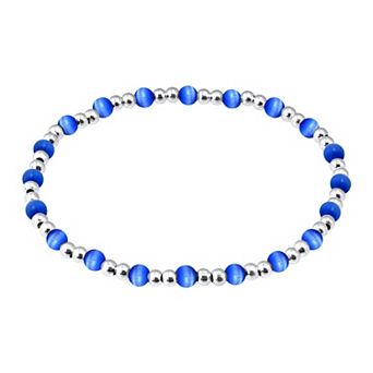 Aleure Precioso Fine Silver Plate Double Bead & Small Cat's Eye Bead Stretch Bracelet