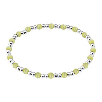 Aleure Precioso Fine Silver Plate Double Bead & Small Cat's Eye Bead Stretch Bracelet