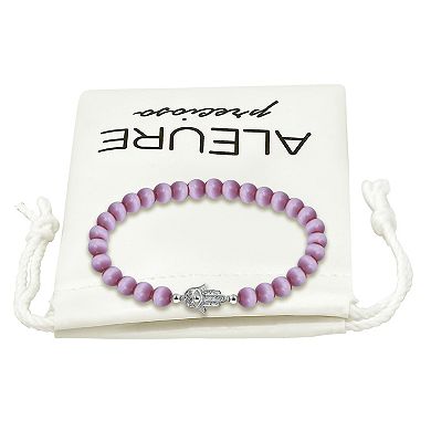 Aleure Precioso Fine Silver Plate Hamsa Hand Station Charm & Cat's Eye Bead Stretch Bracelet