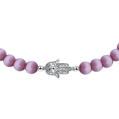 Aleure Precioso Fine Silver Plate Hamsa Hand Station Charm & Cat's Eye Bead Stretch Bracelet