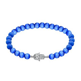 Aleure Precioso Fine Silver Plate Hamsa Hand Station Charm & Cat's Eye Bead Stretch Bracelet
