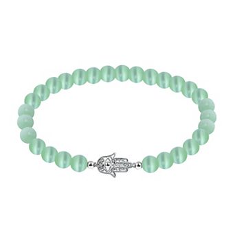 Aleure Precioso Fine Silver Plate Hamsa Hand Station Charm & Cat's Eye Bead Stretch Bracelet