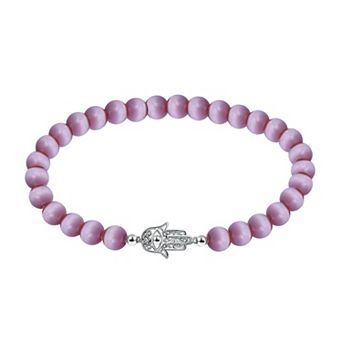 Aleure Precioso Fine Silver Plate Hamsa Hand Station Charm & Cat's Eye Bead Stretch Bracelet