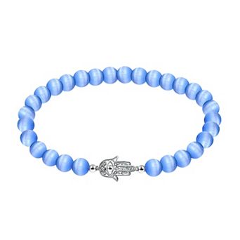 Aleure Precioso Fine Silver Plate Hamsa Hand Station Charm & Cat's Eye Bead Stretch Bracelet