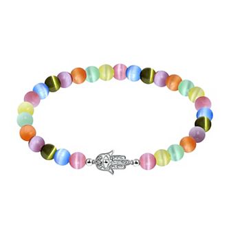 Aleure Precioso Fine Silver Plate Hamsa Hand Station Charm & Cat's Eye Bead Stretch Bracelet