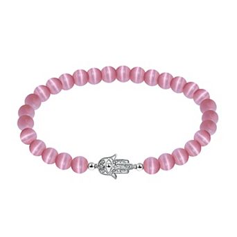 Aleure Precioso Fine Silver Plate Hamsa Hand Station Charm & Cat's Eye Bead Stretch Bracelet