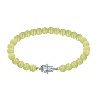 Aleure Precioso Fine Silver Plate Hamsa Hand Station Charm & Cat's Eye Bead Stretch Bracelet