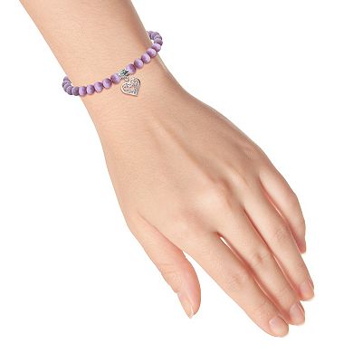 Aleure Precioso Fine Silver Plate Heart Shaped Filigree Drop Charm & Cat's Eye Bead Stretch Bracelet