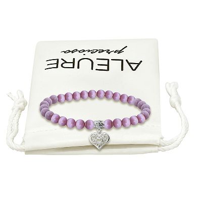 Aleure Precioso Fine Silver Plate Heart Shaped Filigree Drop Charm & Cat's Eye Bead Stretch Bracelet
