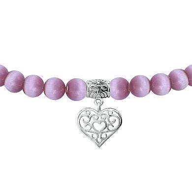 Aleure Precioso Fine Silver Plate Heart Shaped Filigree Drop Charm & Cat's Eye Bead Stretch Bracelet