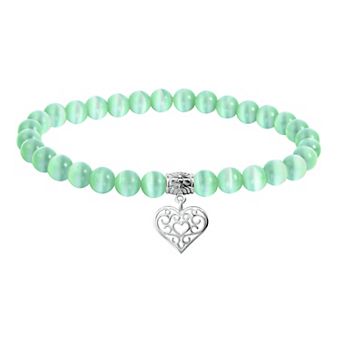 Aleure Precioso Fine Silver Plate Heart Shaped Filigree Drop Charm & Cat's Eye Bead Stretch Bracelet