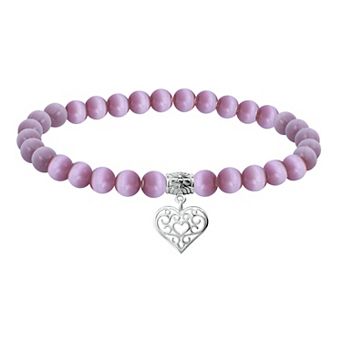 Aleure Precioso Fine Silver Plate Heart Shaped Filigree Drop Charm & Cat's Eye Bead Stretch Bracelet