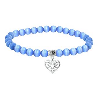 Aleure Precioso Fine Silver Plate Heart Shaped Filigree Drop Charm & Cat's Eye Bead Stretch Bracelet
