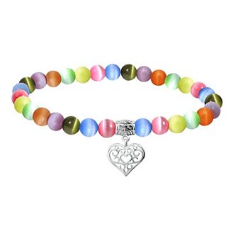 Aleure Precioso Fine Silver Plate Heart Shaped Filigree Drop Charm & Cat's Eye Bead Stretch Bracelet