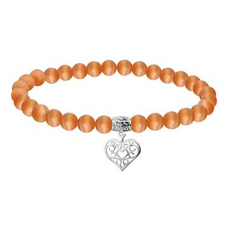 Aleure Precioso Fine Silver Plate Heart Shaped Filigree Drop Charm & Cat's Eye Bead Stretch Bracelet