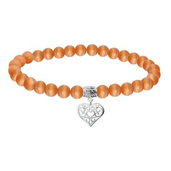 Aleure Precioso Fine Silver Plate Heart Shaped Filigree Drop Charm & Cat's Eye Bead Stretch Bracelet
